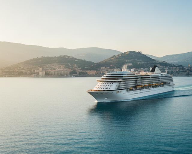 Modernes Kreuzfahrtschiff bei ruhigem Morgenlicht vor einer europäischen Küste