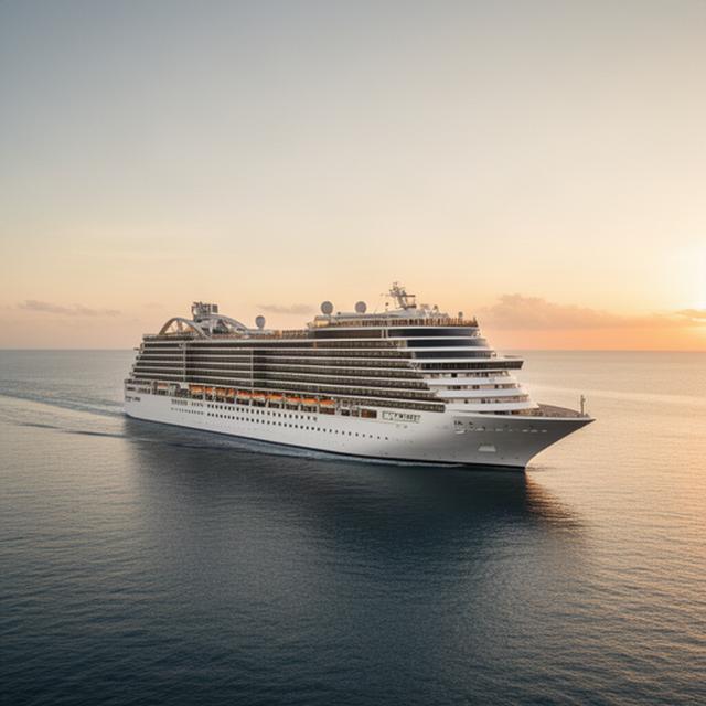 Kreuzfahrtschiff bei Sonnenaufgang mit sichtbaren Kabinen und ruhiger Meeresoberfläche