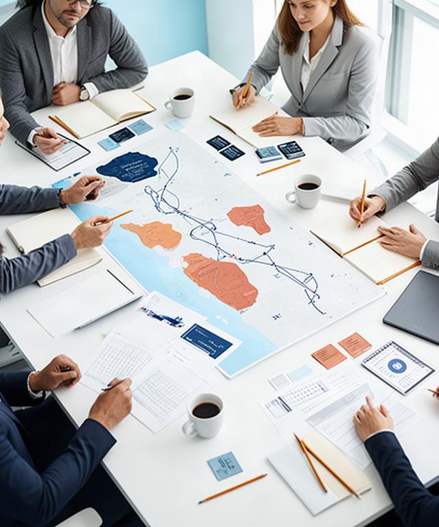 Strategieworkshop mit Kreuzfahrtkarten und Marktanalysen an einem hellen Konferenztisch